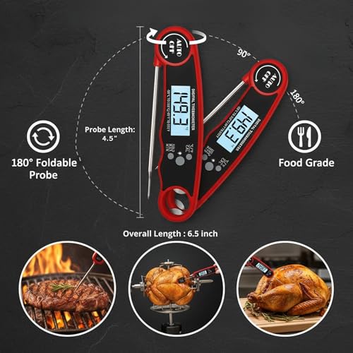 Meat Thermometer Digital Instant Read for Cooking and Grilling, Waterproof Food Thermometer with Backlight, Foldable Probe, Auto Off, Magnet, Bottle Opener, Built-in Bottle Opener & Fridge Magnet