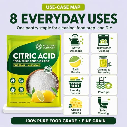Eco Living Solutions 100% Citric Acid Powder - Food Grade | Citric Acid For Cleaning & Bath Bombs | Great For Cooking & Canning | Fragrance Free | Dishwasher Safe (12 oz)
