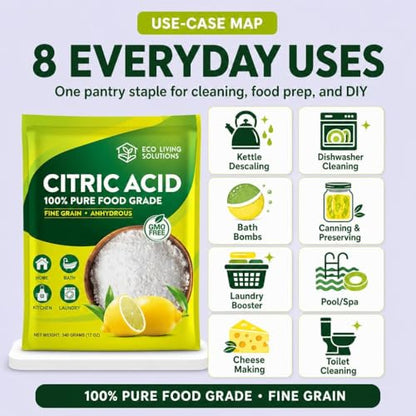 Eco Living Solutions 100% Citric Acid Powder - Food Grade | Citric Acid For Cleaning & Bath Bombs | Great For Cooking & Canning | Fragrance Free | Dishwasher Safe (12 oz)