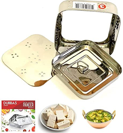 Dubbas - Square Paneer Maker, Stainless Steel Indian Paneer Press/Tofu Press/Paneer Mould - Size 5.25"W x 5.25"L x 1.5H inches