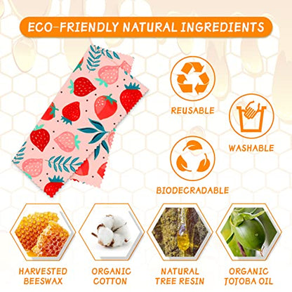 Beeswax Wrap - 3 Pack, Beeswax Wraps For Food, Organic, Sustainable, Biodegradable, Zero Waste, Reusable Beeswax Food Wrap, 1L Strawberry, 1M Orange, 1S Lemon Patterns