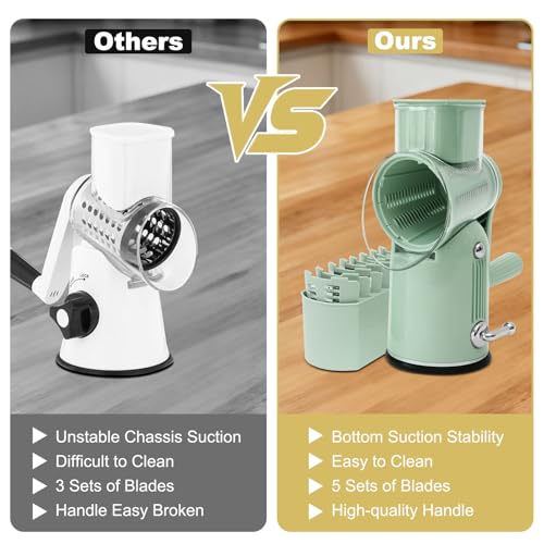 5 in 1 Cheese Grater with Rotary Hand Crank - Vegetable Chopper with Replaceable Stainless Blades, Strong Suction Base, Handle, Blade Storage Box, Easy-Clean Multipurpose Kitchen Slicer (Green) - color: Green