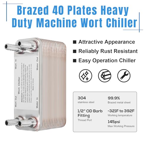 FERRODAY 40 Plate Wort Chiller, 1/2 Barb Fitting Brazed Plate Heat Exchanger, Stainless Steel Homebrew Plate Wort Chiller, Beer Chiller Wort Cooler Heat Exchanger For Brewing-7.5" x 3.8"