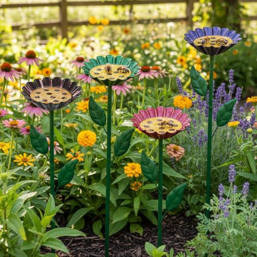 DREAMYSOUL 4 Pack Bee Watering Station, Colorful Metal Bee Bath and Feeder Set for Outdoor Garden Yard - color: Colorful-b