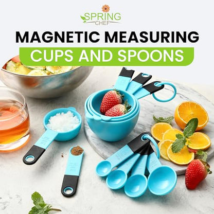 Spring Chef Magnetic Measuring Cups and Spoons Set of 9, Nesting Plastic Kitchen Tool with Easy to Read Markings - Measure Dry or Liquid Ingredient, BPA Free, Aqua Sky - color: Blue (Aqua Sky)