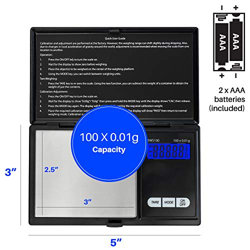Smart Weigh SWS100 Digital Pocket Scale – 100g x 0.01g High Precision Scale for Reloading, Jewelry, Gems, and Medicine – Backlit LCD, Battery Included, Black - size: 100g / 0.01g