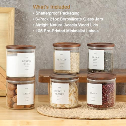 Set of 6 Glass Pantry Jars with Acacia Wood Lids, 21oz Airtight Pantry Storage Containers with 105 Labels, Glass Kitchen Canisters for Coffee, Tea, Sugar, Spice - size: 21oz 6 Pack
