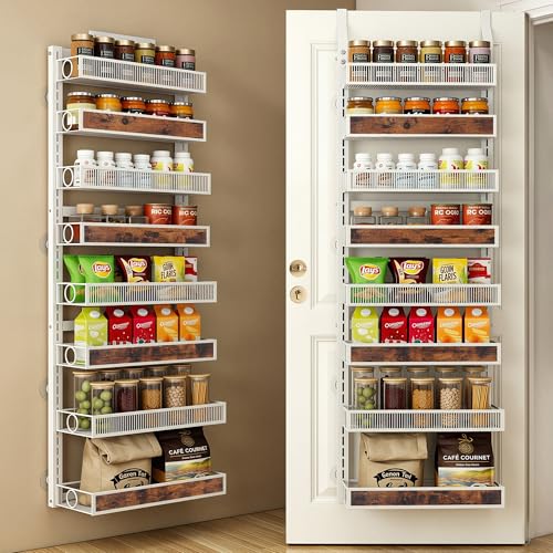 8 Tiers Pantry Door Organizer Spice Rack, 2-IN-1 Wall Mount or Hanging Over Door Seasoning Organizer with Adjustable Baskets, Heavy Duty Behind Door Storage Shelves for Pantry, Cabinet and Kitchen - color: White, size: 8 Tiers