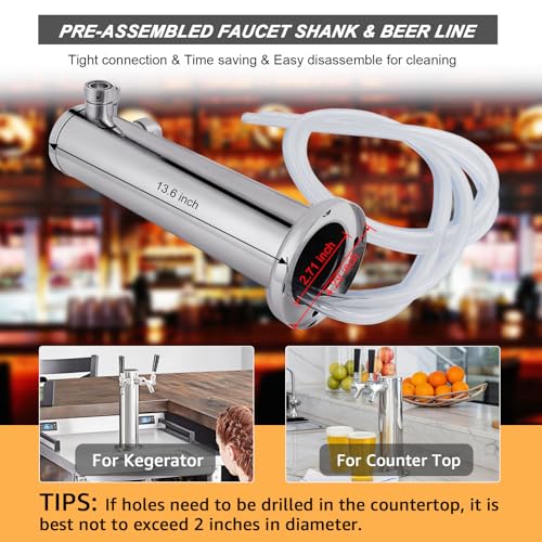 FERRODAY Kegerator Tower Dual Faucet Beer Tower Double Tap Beer Tower Dispenser Beer Tap Kegerator Parts Stainless Steel Tower Brass Faucet Stainless Core Pre-assembled Lines 3" Keg Tower Beer Keg Tap - size: Dual Tap-Brass Faucet