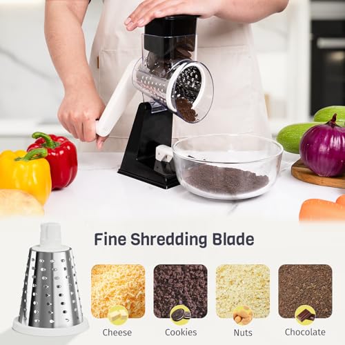 Rotary Cheese Grater, Upgraded Hand Crank Cheese Shredder with 3 Interchangeable Blades, Multi-purpose Kitchen Slicer Shredder for Cheese, Vegetable, Fruit, Nuts, Easy to Use & Clean, Black - color: Black
