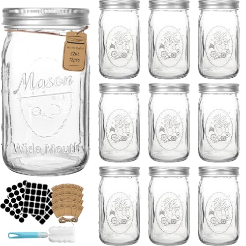 CycleMore Wide Mouth Mason Jars 32 oz, 12 Pack Large Glass Mason Jar with Metal Airtight Lids and Bands, 1 Quart Canning Jars for Pickling, Fermenting, Food Storage & DIY Projects | Vintage Canning Jars with Airtight Lids, Water bath & Dishwasher Safe. Id
