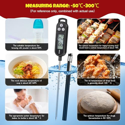 Copkim 6 Pcs Instant Read Meat Thermometer with Long Probe 9.65 Inch Kitchen Cooking Food Candy Waterproof Digital Thermometer for BBQ Water Milk Yogurt Liquid (Round&Square Ring,Black,White,Red) - color: Black, White, Red