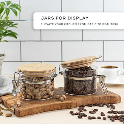 JoyJolt Glass Jars With Bamboo Lids (12 fl oz). 2PC Set of Airtight Storage Jars with Clamp Lids for Pantry Food Storage. Air Tight Sealable Glass Canisters Containers for Kitchen Organization