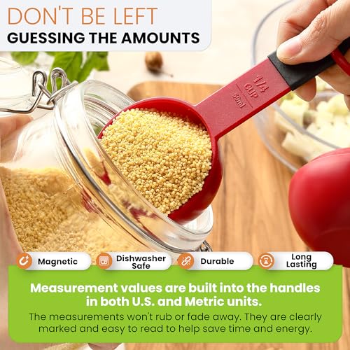 Spring Chef Red Magnetic Measuring Cups and Spoons Set of 9, Stackable Plastic Kitchen Gadget with Easy to Read Markings - Measure Dry or Liquid Ingredients for Baking & Cooking, BPA Free - color: Red