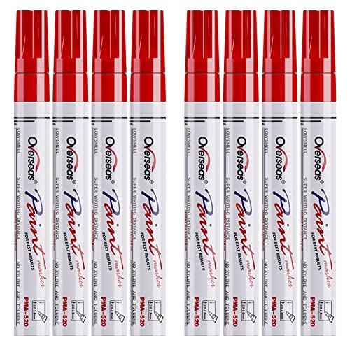 Overseas Paint Pens Paint Markers - Red Permanent Markers 8 Pack, Oil Based Waterproof Quick Dry Medium Tip Marker Pen for Metal, Wood, Fabric, Plastic, Rock, Stone, Mugs, Canvas, Glass, Art Craft - color: Red