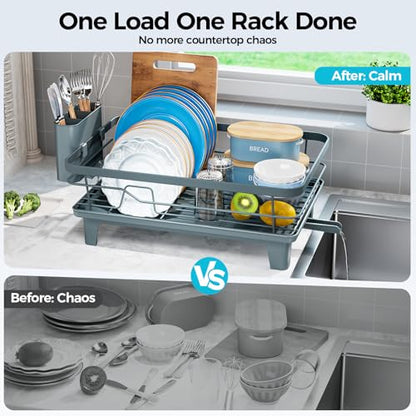 Urackify Dish Drying Rack for Kitchen Counter, Sink Dish Rack with Drainboard, Large Dish Drainer with Cups Holder, Home Countertop Plate Dryer Storage Rack with Cutlery Holder, Blue - color: Blue