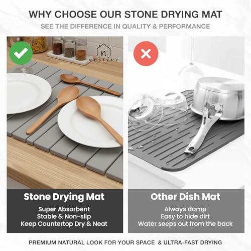 Large Stone Drying Mat for Kitchen Counter | 24"x16" | Fast Drying Collapsible Diatomaceous-Earth Mat | Super Absorbent Folding Mat for Dishes, Bottles, Glass, Heat-Resistant, Non-Slip (Light Gray) - color: Light Gray
