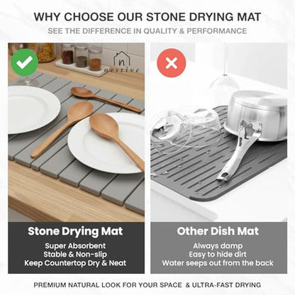 Large Stone Drying Mat for Kitchen Counter | 24"x16" | Fast Drying Collapsible Diatomaceous-Earth Mat | Super Absorbent Folding Mat for Dishes, Bottles, Glass, Heat-Resistant, Non-Slip (Light Gray) - color: Light Gray