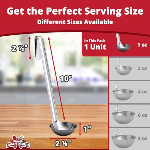 Super Sturdy, Ergonomic 1 Oz. Soup Ladle 1 Pk. Stainless Steel Ladles with Long Handles. Best Kitchen Accessories for Stirring, Portioning and Serving Soups, Chili and Stew in Restaurants and at Home - size: 1-oz