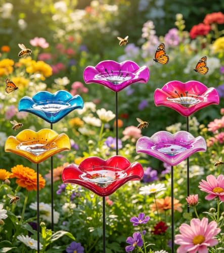 6 PCS Glass Bee Watering Station for Garden | Bee Baths & Butterfly Watering Station with Metal Stakes, Colorful Butterfly Bath Bowl for Outdoor Garden Yard Decor