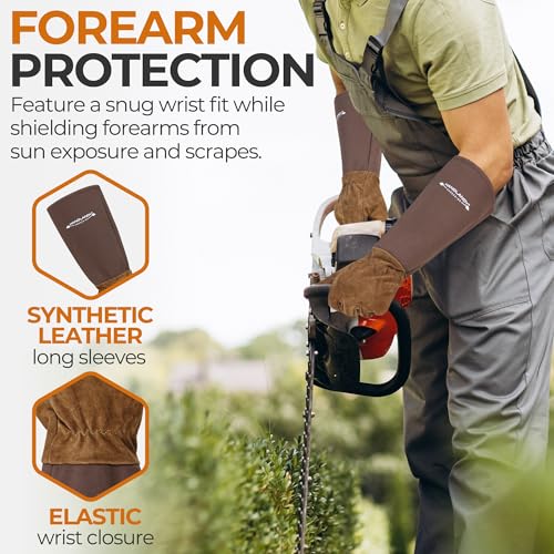 HANDLANDY Long Gardening Gloves for Men & Women, Pigskin Leather Rose Pruning Gloves- Breathable & Durable Gauntlet Glove (Large, Brown) - color: Brown, size: Large (Pack of 1)