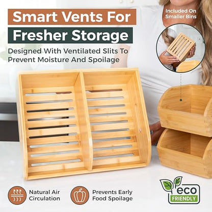 Potato and Onion Storage Bin for Pantry and Kitchen Counter - Ventilated Stackable Bamboo Organizer Baskets with Handles - color: Bamboo