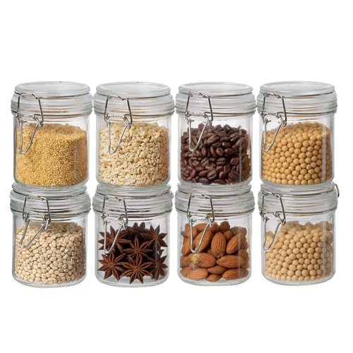 BJONKZ Glass Jars with Airtight Lids – Food Storage Containers with Preserving Seal Wire Clip Fatening, Glass Canisters for Kitchen Canning Flour, Cereal, Sugar, Beans (10oz*8) - size: 10oz*8