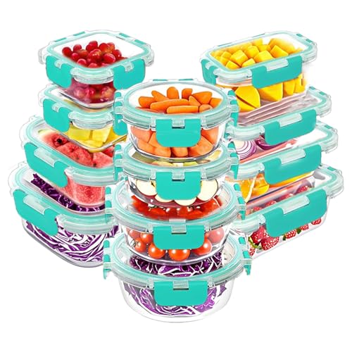 VERONES 12 Packs Glass Food Storage Containers Set, Airtight Glass Lunch Containers, Glass Meal Prep Containers with Lids,Exclusive of BPA, for Microwave, Oven, Freezer & Dishwasher Friendly,Green - color: Green-24