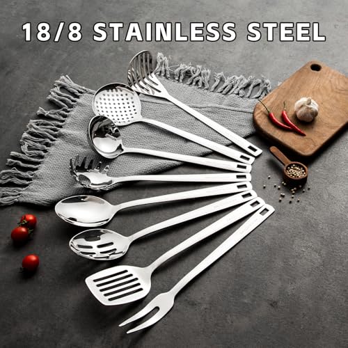 18/8 Stainless Steel Cooking Utensil set, 8 Pieces Metal Kitchen Utensils set, Slotted Spoon,Meat Fork,Ladle,Skimmer Spoon,Spatula,Spaghetti Server,Large Spoon,Masher (Dishwasher Safe, Silver) - size: 18/8 Stainless Steel Utensil Set of 8