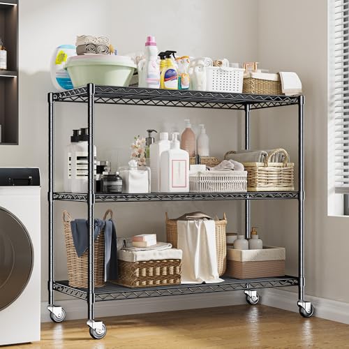 DurayLoly 3 Tier Metal Shelving Unit Adjustable Storage Shelves,Heavy Duty Shelf with Wheels for Kitchen,Office,Bathroom,Easy Assembly Wire Shelving for Laundry,Garage,45" W x 17.7" D x 41" H,Black. - color: Black
