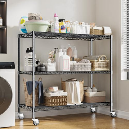 DurayLoly 3 Tier Metal Shelving Unit Adjustable Storage Shelves,Heavy Duty Shelf with Wheels for Kitchen,Office,Bathroom,Easy Assembly Wire Shelving for Laundry,Garage,45" W x 17.7" D x 41" H,Black. - color: Black