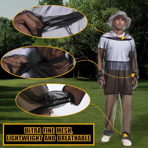Premium Mosquito Suit-Jacket With Hood/Pants/Mitts/Gift Bag/Tape Measure-Full Body Protection Bugs Clothes - color: Black No Sun Hat, size: Large-X-Large