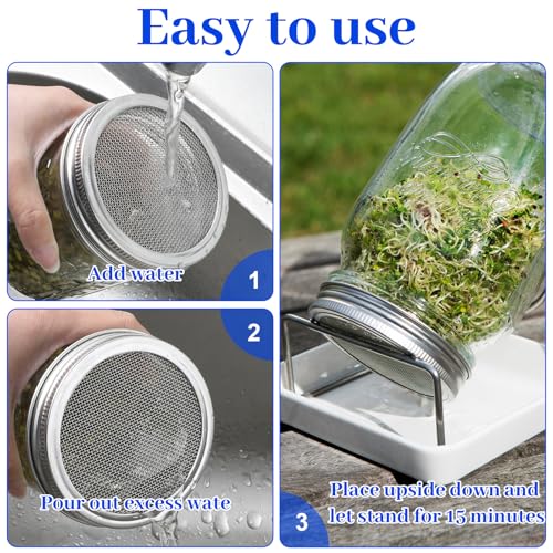 6 Pack Mason Jar Sprouting Lids, 304 Stainless Steel Mason Jar Mesh Lid, Durable Mason Jars Strainer Lid for Seed Sprouting Indoor Gardening,Fresh Greens