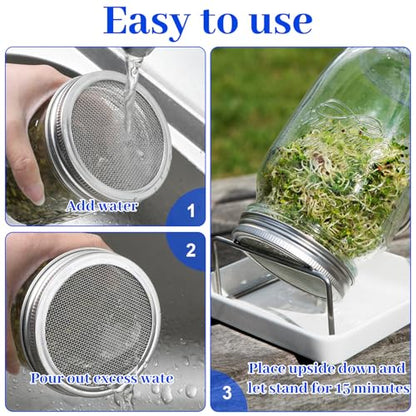 6 Pack Mason Jar Sprouting Lids, 304 Stainless Steel Mason Jar Mesh Lid, Durable Mason Jars Strainer Lid for Seed Sprouting Indoor Gardening,Fresh Greens