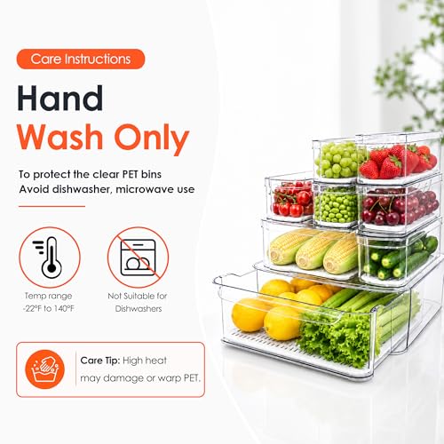 SMRCAD 8 Pack Clear Fridge Organizer Bins with Drain Trays - Stackable | BPA-Free PET, 8 Pack: 1 Drawer + 7 lidded Bins, Helps Keep Produce Fresh, 18.3L Capacity, Hand Wash Only - size: 8 Bins (Include Pull Out Drawer)