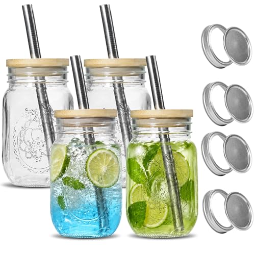 4Pack 16oz Vintage Mason Jars, Wide Mouth Glass Cup with Lids and Straw | Iced Coffee Cup with Bamboo Lids for Juice Milkshake Tea - size: 4Pack 16oz