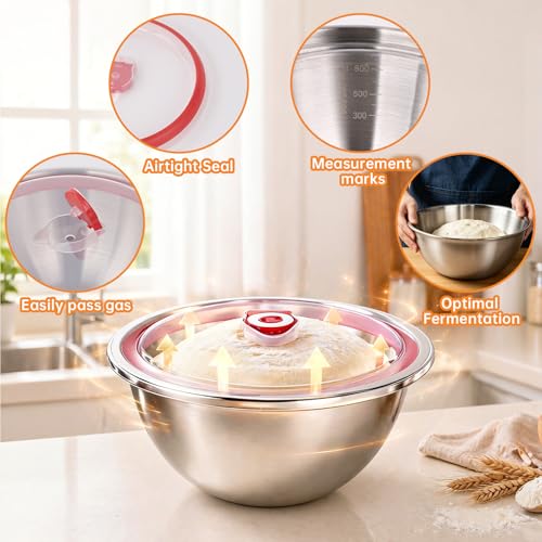 3 PCS Pizza Dough Proofing Container Set, 27oz/40oz/60oz 304 Stackable Stainless Steel Proofing Box with Clear Lid, Includes Dough Scraper, Ideal for Bulk Fermentation of Sourdough & Bread