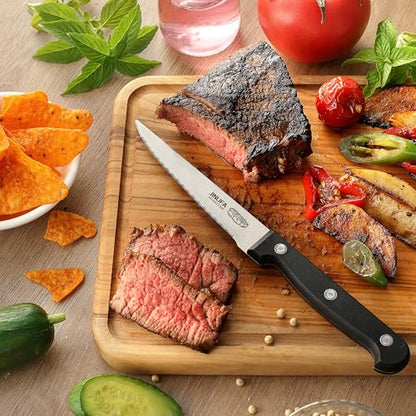 Steak Knives Set of 6, Stainless Steel Serrated Steak Knife Set (Unique Pattern on Each Blade)