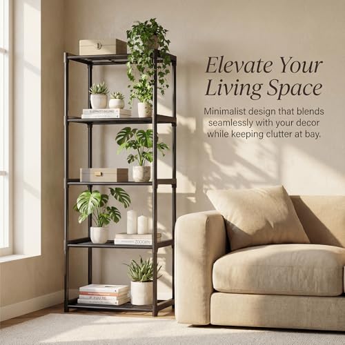 5-Tier Storage Shelves with Plastic Connectors – Metal Shelf Organizer for Pantry, Closet & Bathroom, Space-Saving Sturdy Shelving Unit Rack, Black, 17.3" x 12.8" x 56.7" - size: 17.3" x 12.8" x 56.7"(5T)