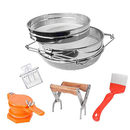 Mr.Bee Honey Harvesting Beekeeping Starter Tool Kit Set of 5 Double Sieve Stainless Steel Honey Strainer, Frame Holder, Uncapping Fork, Honey Gate Extractor and Queen Catcher for Beekeeping Supplies