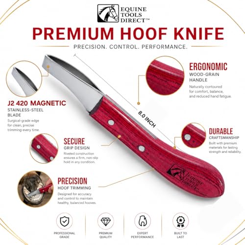 Loop Blade Hoof Knife, J2 420 Magnetic Stainless Steel, Right-Hand, Ergonomic Red Handle, Professional Farrier Trimming Tool