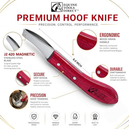 Loop Blade Hoof Knife, J2 420 Magnetic Stainless Steel, Right-Hand, Ergonomic Red Handle, Professional Farrier Trimming Tool