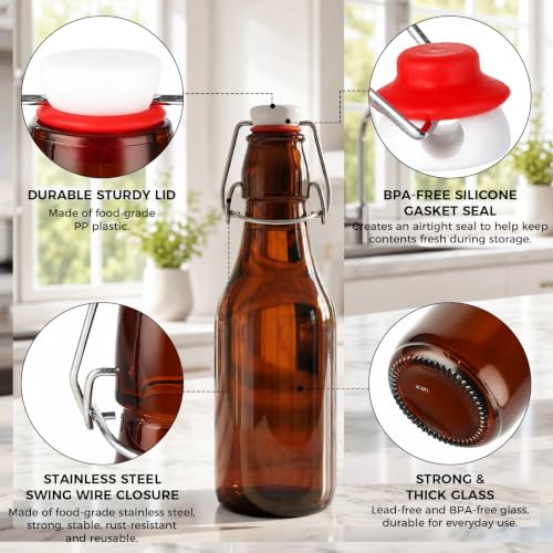 Ruckae 12pcs 8oz Amber Swing Top Glass Bottles with Lids Brown Flip Top Glass Bottle for Kombucha Coquito Syrup Vanilla Extract Brew Beer Kefir Air Tight Bottles for Gift (8oz 12pack) - size: 8oz 12pack