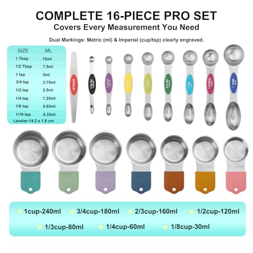 Magnetic Measuring Cups and Spoons Set of 16, 7 Stainless Steel Measuring Cups, 8 Double-Sided Measuring Spoons with 1 Leveler, Color Coded Handles, Dual Markings for Dry and Liquid Ingredients - color: Silver