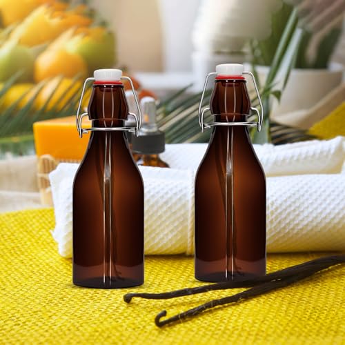 4Pcs 8.5oz square Amber Beer Bottles with Flip Caps,250MLGlass Bottle with Swinging Top for Airtight Lids, Home Brewing and Fermentation Kombucha, Vanilla Extract, Beverage, Water