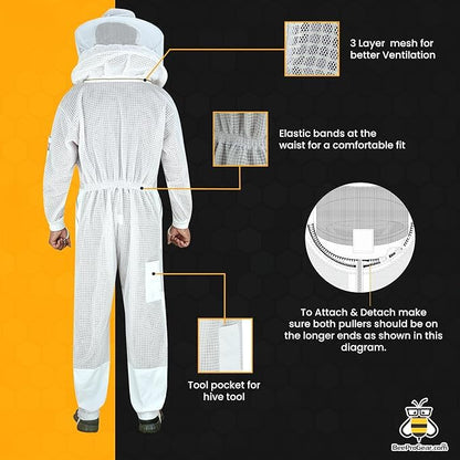 3-Layer Ultra Ventilated Mesh Beekeeping Suit for Men & Women with Veil Sting-Proof Bee Suit with Leather Gloves & Bag - color: Off-white, size: Small