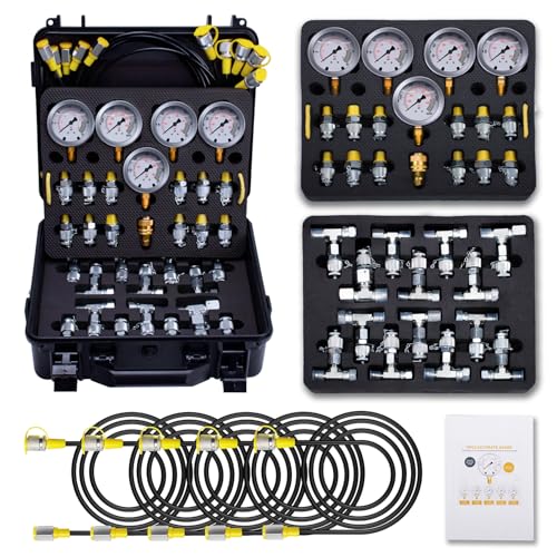 Hydraulic Pressure Test Kit with 5 Gauges(Max 10000 PSI), 13 Test Couplings 14 Tee Connectors 5 Test Hoses, Hydraulic Gauge Tester Set for Excavator, Construction, Machinery, and Mine - style: 5 Gauge Test Kit