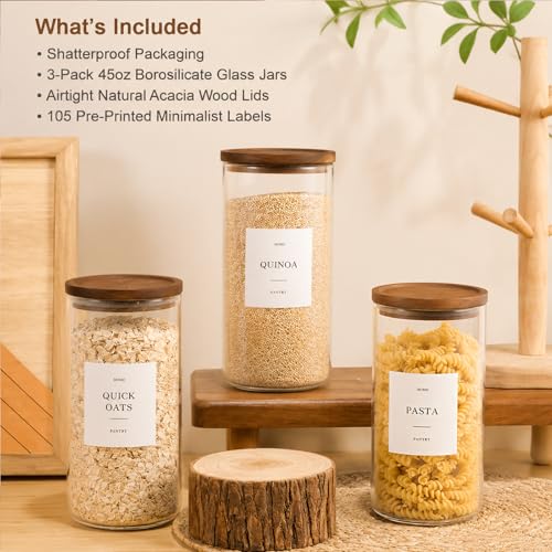 Set of 3 Glass Pantry Jars with Acacia Wood Lids, 45oz Airtight Glass Kitchen Canisters with 105 Labels, Clear Pantry Storage Containers for Coffee, Sugar, Oats, Pasta, Cookies - size: 45oz 3 Pack