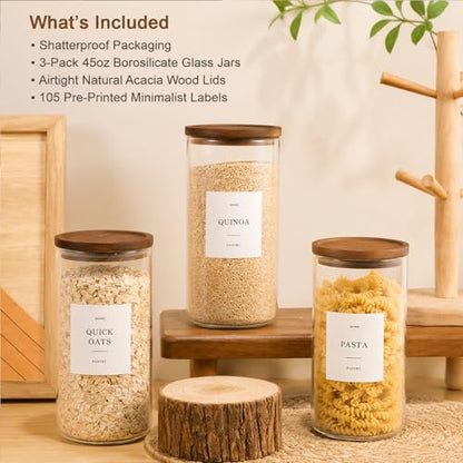 Set of 3 Glass Pantry Jars with Acacia Wood Lids, 45oz Airtight Glass Kitchen Canisters with 105 Labels, Clear Pantry Storage Containers for Coffee, Sugar, Oats, Pasta, Cookies - size: 45oz 3 Pack