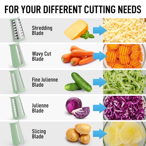 Zulay Kitchen Rotary Cheese Grater 5 Blade Cheese Shredder - Manual Hand Crank Cheese Grater With Reinforced Suction & 5 Interchangeable Drums - Easy to Use, Vegetable Chopper Round Mandoline Slicer - color: Sea Foam & Gold